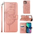 thumbnail image 1 of SaniMore Case for iPhone 15 Pro (6.1" 2023), PU Leather Skin with Luxury Embossed Butterfly [Wrist Strap & Card Slots & Flip Kickstand] Full-body Shockproof Business Wallet Cover, Rosegold, 1 of 7