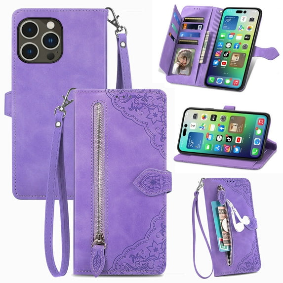 SaniMore Case for iPhone 15 Pro (6.1" 2023), PU Leather Zipper Wallet Detachable Lanyard Retro Embossed Flower Crad Slots Flip Kickstand Full Body Protective Drop-proof Cover, Purple