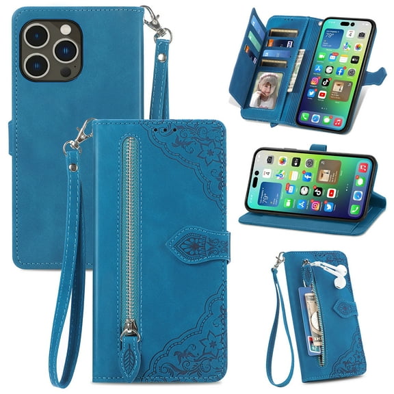 SaniMore Case for iPhone 15 Pro (6.1" 2023), PU Leather Zipper Wallet Detachable Lanyard Retro Embossed Flower Crad Slots Flip Kickstand Full Body Protective Drop-proof Cover, Blue