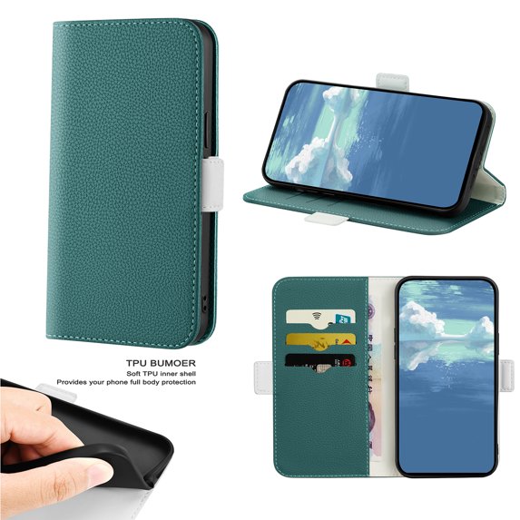 SaniMore Case for iPhone 15 Pro 6.1" 2023, Retro PU Leather Case Lychee Pattern Card Slots Cash Pocket Flip Kickstand Magnetic Clasp Wallet Business All-around Protective Cover - Green