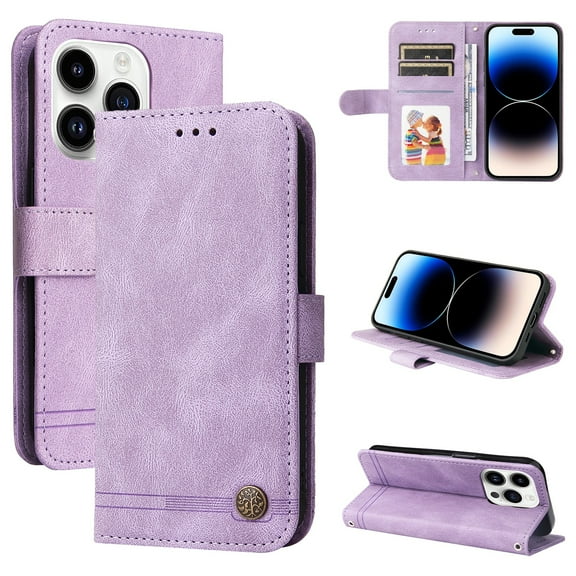 SaniMore Case for iPhone 15 Pro 6.1" 2023 with Wrist/Crossbody Strap,Retro PU Leather Anti-scratch Card Slots Cash Pocket Kickstand Shockproof Anti-drop Wallet Business Cover For iPhone 15 Pro, Purple