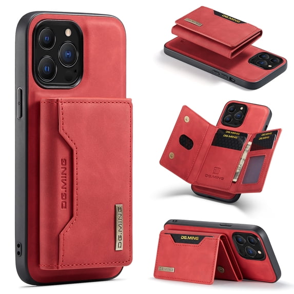 SaniMore Case for iPhone 15 Pro 6.1", Retro PU Leather Case Soft TPU Inner Detachable Magnetic Folding Card Pocket Flip Kickstand Anti-drop Shockproof Protectiive Cover, Red