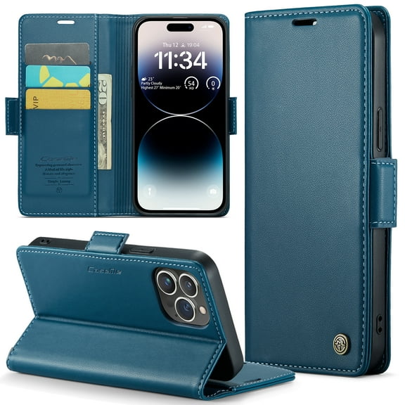 SaniMore Case for iPhone 15 Pro Max (6.7" 2023), [3 Card Holder] Slots Folio PU Leather Skin, [RFID Blocking] Stand Flip Case with [TPU Shockproof Interior Phone Cover] - Blue
