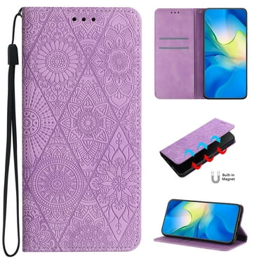 SaniMore Case for iPhone 15 Pro Max 6.7" 2023, [Card Slots + Cash Pocket + Removeable Wrist Strap] PU Leather Embossed Totem Girly Kickstand 360° All-around Protective Wallet Shell, Purple
