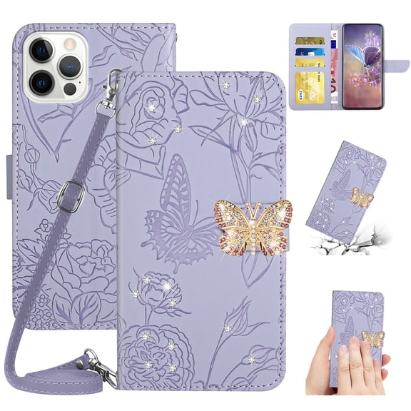 SaniMore Case for iPhone 15 Pro Max 6.7" 2023, [Crossbody/Wrist Lanyard] PU Leather Embossed Butterfly [Diamond Clasp] Card Slots kickstand Shockproof Glitter Wallet Shell, Lightpurple
