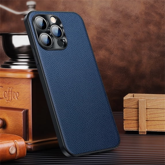 SaniMore Case for iPhone 15 Pro Max 6.7" 2023, Lychee PU Leather Skin & Rugged PC Back Cover Len Frame Ultra-thin Lightweight Anti-fall Shockproof Protective Cover, Darkblue