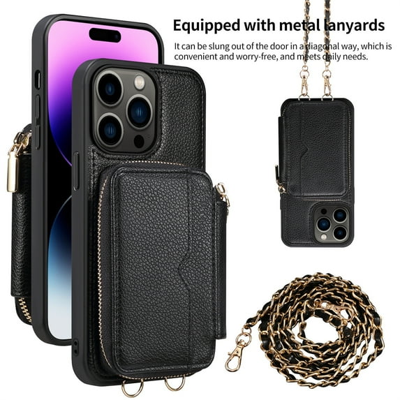 SaniMore Case for iPhone 15 Pro Max 6.7" 2023 with Metal Detachable Crossbody Lanyard Zipper Wallet Pocket Card Slots PU Leather Wear-resistant Shockproof Anti-fall Retro Girly Shell, Black