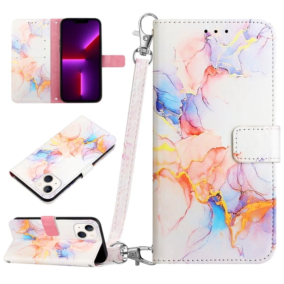 SaniMore Case for iPhone 15 Pro Max 6.7" 2023, PU Leather Case Luxury Marble Pattern Flip Kickstand Magnetic Clasp Cash Pocket Crossbody Lanyard Fashion Case for Girls Women, White Marble