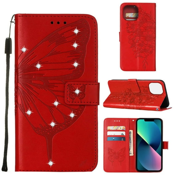 SaniMore Case for iPhone 15 Pro Max (6.7" 2023), PU Leather Luxury Embossed Butterfly Glitter Diamond [Wrist Strap & Card Slots & Flip Kickstand] Full-body Shockproof Wallet Cover, Red