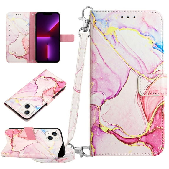 SaniMore Case for iPhone 15 Pro Max 6.7" 2023, PU Leather Case Luxury Marble Pattern Flip Kickstand Magnetic Clasp Cash Pocket Crossbody Lanyard Fashion Case for Girls Women, Rosegold Marble