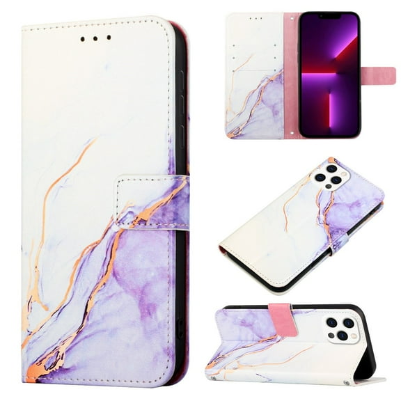 SaniMore Case for iPhone 15 Pro Max (6.7" 2023), PU Leather Case Luxury Marble Wireless Charing Kickstand Magnetic Clasp Cash Pocket Detachable Wrist Strap Fashion Cover for Girls Women, Purple & Whit