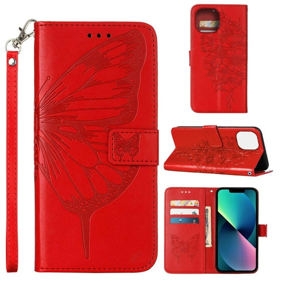 SaniMore Case for iPhone 15 Pro Max (6.7" 2023), PU Leather Skin with Luxury Embossed Butterfly [Wrist Strap & Card Slots & Flip Kickstand] Full-body Shockproof Business Wallet Cover, Red