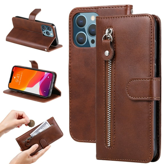 SaniMore Case for iPhone 15 Pro Max (6.7" 2023), Zipper Wallet Pocket Caed Slots Retro PU Leather Shockproof Drop-proof Flip Kickstand All-around Protective Shell, Brown