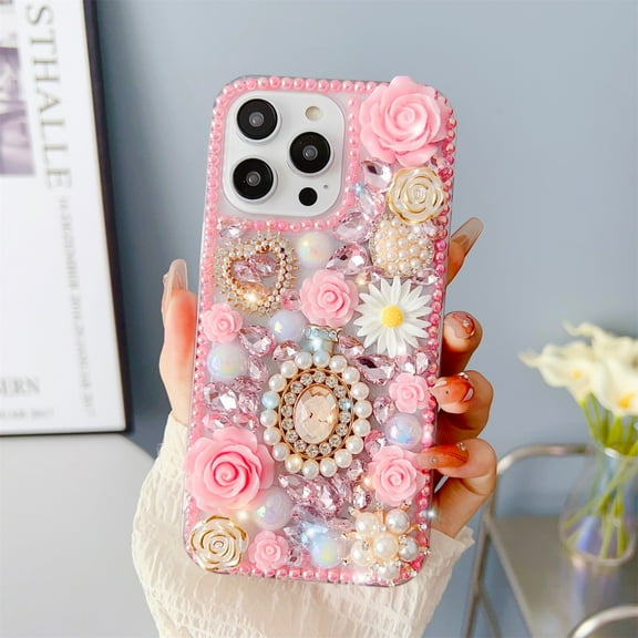 SaniMore Case for iPhone 15 Pro Max (6.7 inch 2023 Release), 3D Pearls & Flower Love Heart Backplane Luxury Sparkle Girly Protective Shockproof Anti-drop Silicone Clear 1For iPhone 15 Pro Max, Pink