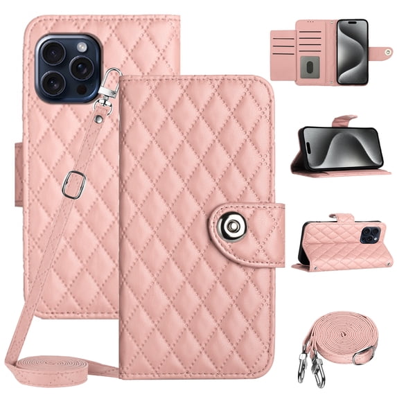 SaniMore Case for iPhone 15 Pro, PU Leather 3D Lattice Stylish for Girls Crossbody Lanyard Flip Kickstand Card Slots Cash Pocket Magnetic Clasp Full Body Protective Shockproof Wallet Shell, Coralpink