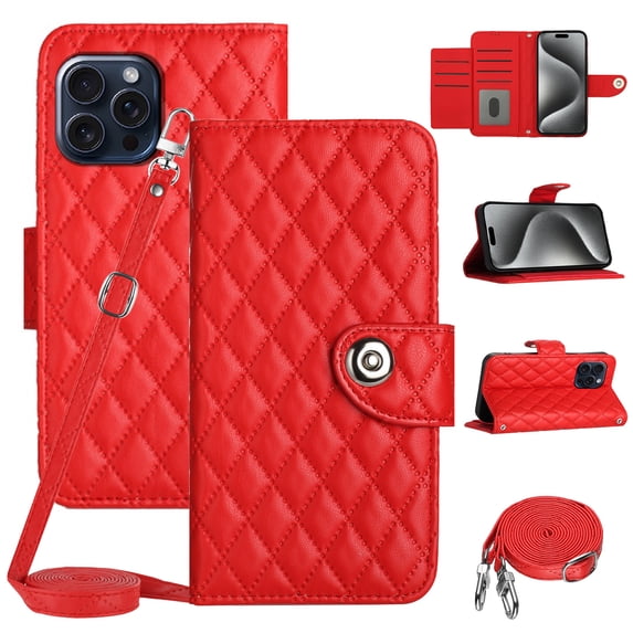 SaniMore Case for iPhone 15 Pro, PU Leather 3D Lattice Stylish for Girls Crossbody Lanyard Flip Kickstand Card Slots Cash Pocket Magnetic Clasp Full Body Protective Shockproof Wallet Shell, Red