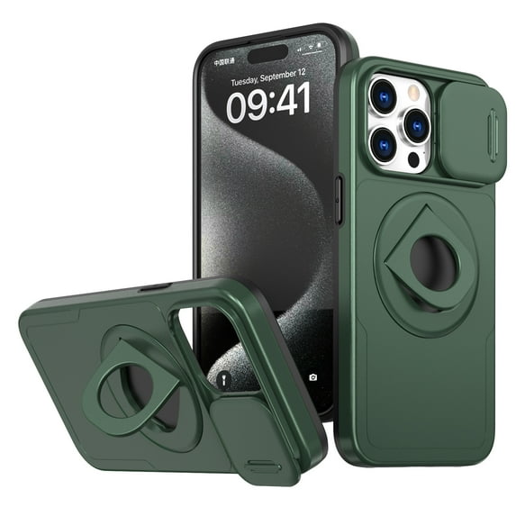 SaniMore Case for iPhone 15 Pro, Slidng Camera Window with Kickstand Holder, Magnetic Car Mount, Function Slim Fit Protection Shockproof Anti-fall Magnetic Cover for iPhone 15 Pro, Darkgreen