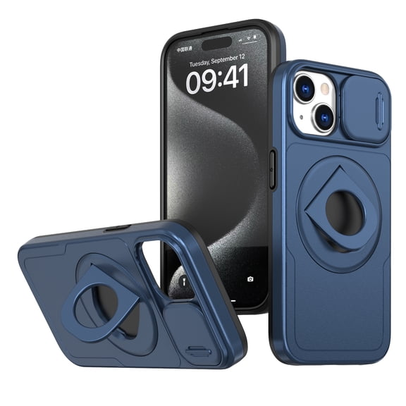 SaniMore Case for iPhone 15, Slidng Camera Window with Kickstand Holder, Magnetic Car Mount, Function Slim Fit Protection Shockproof Anti-fall Magnetic Cover for iPhone 15, Blue