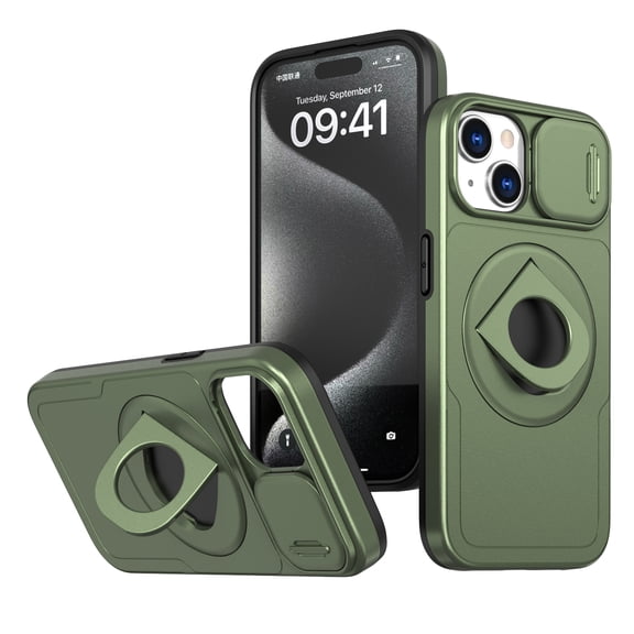 SaniMore Case for iPhone 15, Slidng Camera Window with Kickstand Holder, Magnetic Car Mount, Function Slim Fit Protection Shockproof Anti-fall Magnetic Cover for iPhone 15, Olivegreen