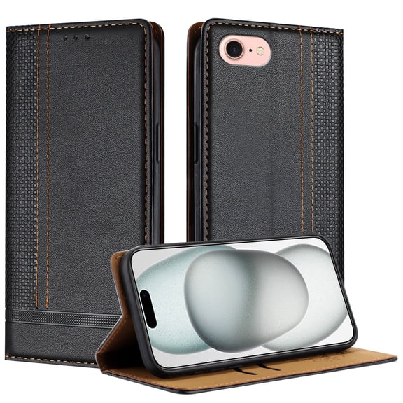 SaniMore Case for iPhone 7 / 8 / SE 2022 & 2020, Wear-resistant PU Leather Retro Durable TPU Shell Flip Folio Stand, Full Body Protection Magnetic Clasp Business Shell, Black