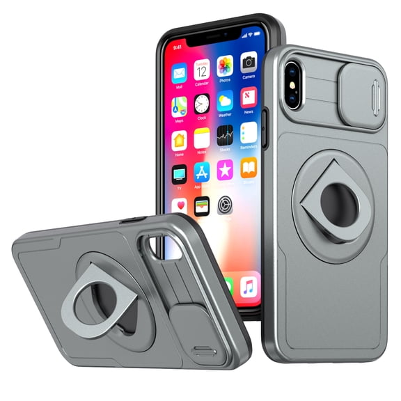 SaniMore Case for iPhone X/XS, Slidng Camera Window with Kickstand Holder, Magnetic Car Mount, Function Slim Fit Protection Shockproof Anti-fall Magnetic Cover for iPhone X/XS, Gray