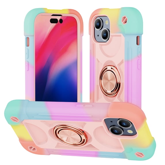 SaniMore Compatible with iPhone 13 Case 6.1 Inch with Ring Stand, [Soft Silicone and Hard Plastic] Heavy-Duty Military Grade Shockproof Phone Cover for iPhone 13, Colorful Rosegold