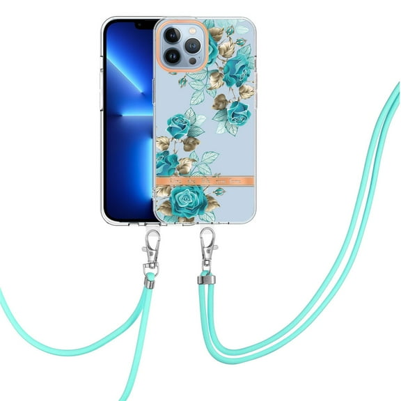 SaniMore Crossbody Design Case for iPhone 15 Pro (6.1" 2023), Adjustable Shoulder Strap Shockproof TPU Silicone Floral Back Cover for Girls Women [Ultra-slim Lightweight] Cord Cover, Blue Rose
