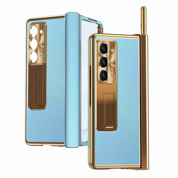 SaniMore Fit Samsung Galaxy Z Fold 5 Case Hinge Protection, Z Fold 5 Electroplate PC Hybrid Leather Case with S Pen Holder Magnetic Kickstand & Screen Protector All-Inclusive Case, Blue+Gold