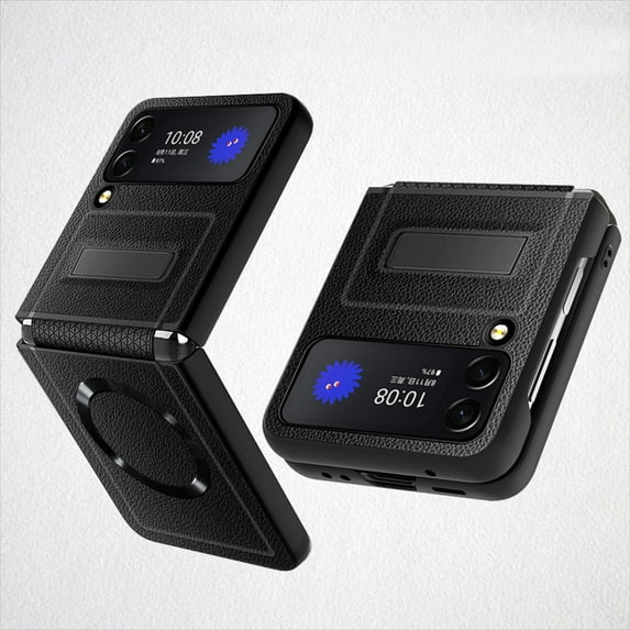 SaniMore Folding Case for Samsung Galaxy Z Flip 4, PU Leather Hard PC Magnetic Wireless Charging Cover with Invisible Kickstand Shockproof Military Grade Protection Cover for Samsung Z Flip 4, Black