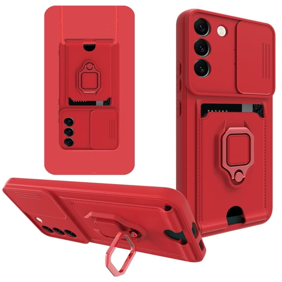 SaniMore For Samsung Galaxy S22 Plus Case with Crossbody Strap & Card Holder Ring Kickstand Liquid Silicone Shockproof Slide Lens Camera Protective Magnetic Case for Galaxy S22 Plus 6.6", Red