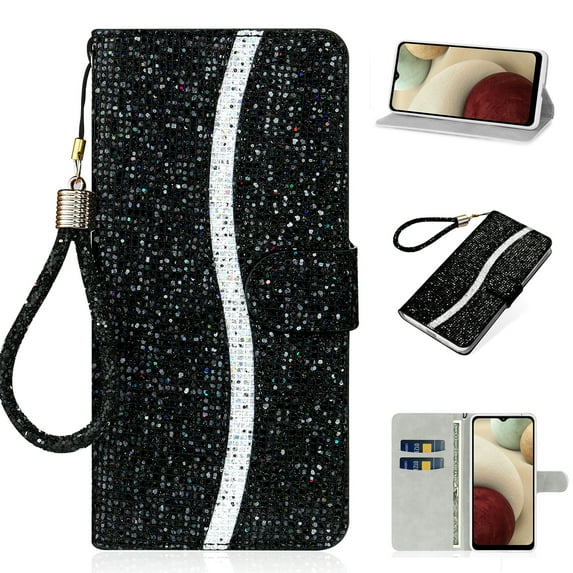 SaniMore Galaxy S23 Wallet Case Glitter Sparkle Bling PU Leather Cover (6.1 Inch/2023), Card Slots Cash Holder Detachable 2 in 1 Wallet Cover Girl Women with Wrist Strap, Black