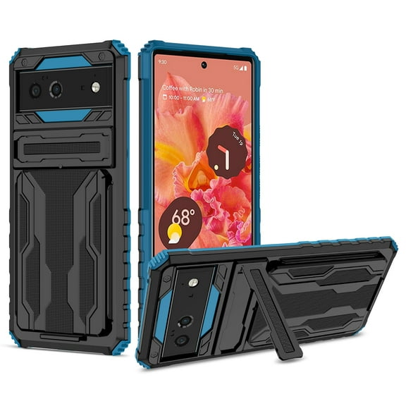 SaniMore for Google Pixel 6 Camera Protection Case, Rugged PC Back & TPU Bumpers Cover with Invisible Sliding Card Slot & Kickstand Upgraded Military Shockproof Protective Shell, lue