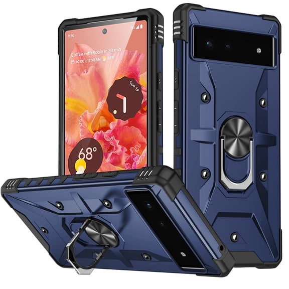 SaniMore for Google Pixel 6 Multi-Functional Case, Rugged PC Magnetic Cover Built-in Car Mount & 360° Rotatable Metal Ring Kickstand Military Grade Shockproof Protective Shell, Darkblue