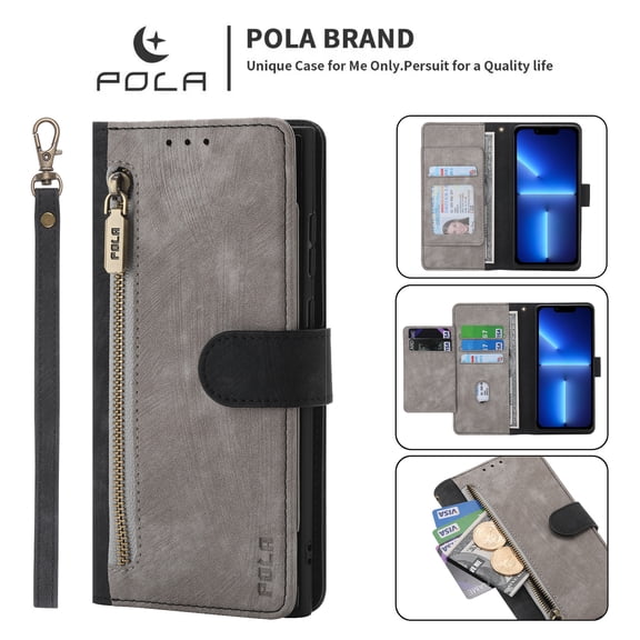 SaniMore for Google Pixel 6 Pro 6.7" 2021 Wallet Case, [Removeable Wrist Strap][Zipper Cash Pocket + Card Slots] Flip Kickstand Full Protective Magnetic Closure Cover for Google Pixel 6 Pro, Black
