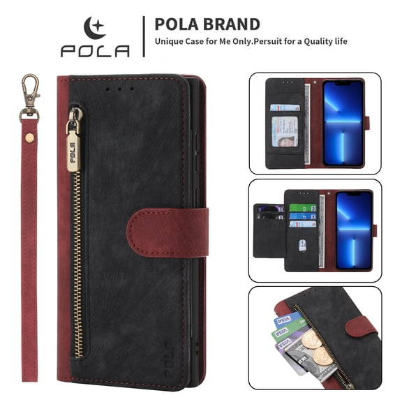 SaniMore for Google Pixel 6 Pro 6.7" 2021 Wallet Case, [Removeable Wrist Strap][Zipper Cash Pocket + Card Slots] Flip Kickstand Full Protective Magnetic Closure Cover for Google Pixel 6 Pro, Red