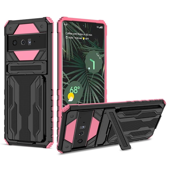 SaniMore for Google Pixel 6 Pro Camera Protection Case, Rugged PC Back & TPU Bumpers Cover with Invisible Sliding Card Slot & Kickstand Upgraded Military Shockproof Protective Shell, Pink