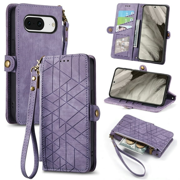 SaniMore for Google Pixel 7 (6.3") Case, PU Leather Embossed Lines Wristlet Zipper Cash Pocket Card Slots Magnetic Flip Stand Full Protective TPU Shell Anti-drop Business Design, Purple