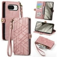 thumbnail image 1 of SaniMore for Google Pixel 7 (6.3") Case, PU Leather Embossed Lines Wristlet Zipper Cash Pocket Card Slots Magnetic Flip Stand Full Protective TPU Shell Anti-drop Business Design, Pink, 1 of 10