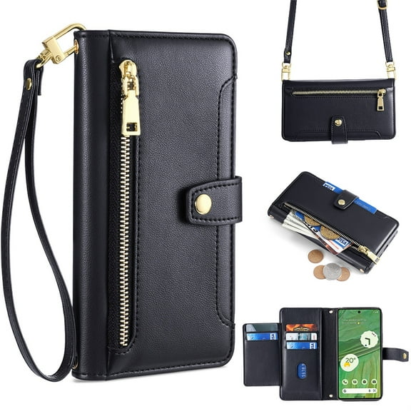 SaniMore for Google Pixel 7 Case, with Kickstand [Shoulder & Wrist Strap] Flip Zipper Wallet Cash & Card Slots PU Leather TPU Interior Full Body Protection for Google Pixel 7, Black