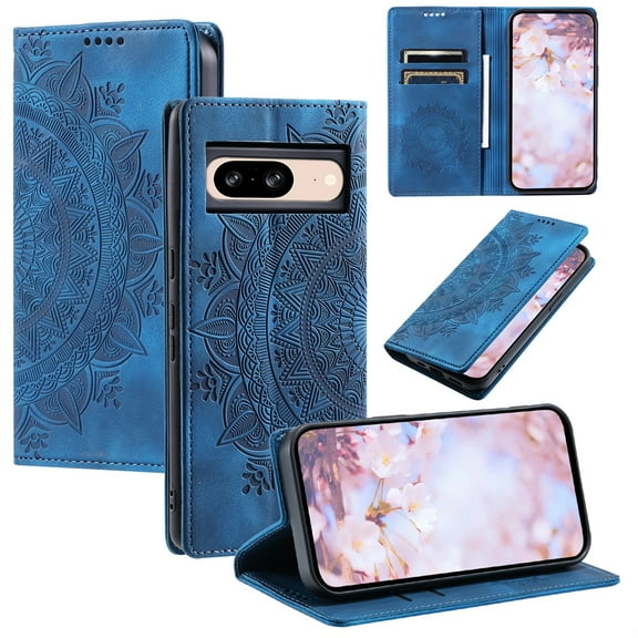 SaniMore for Google Pixel 7 Case, PU Leather Embosed Mandala Flower Wallet Protective Phone Cover Card Slots Pocket Purse Women Men Kickstand Vintage Shockproof Anti-fall Shell, Blue