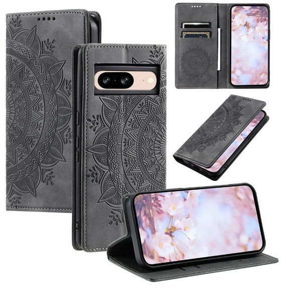 SaniMore for Google Pixel 7 Case, PU Leather Embosed Mandala Flower Wallet Protective Phone Cover Card Slots Pocket Purse Women Men Kickstand Vintage Shockproof Anti-fall Shell, Grey