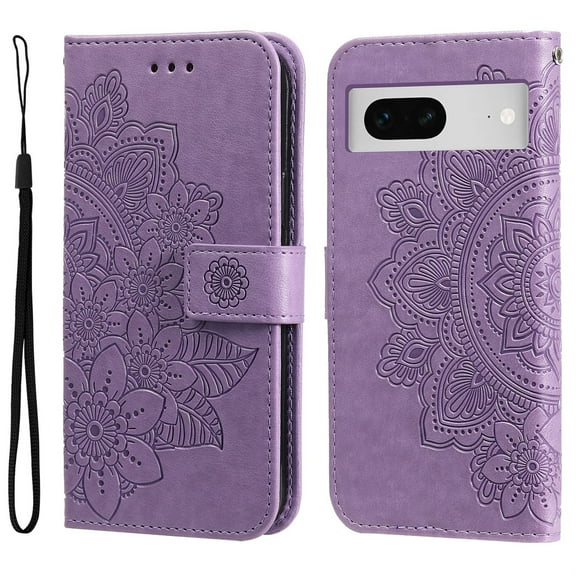 SaniMore for Google Pixel 7 Case with Wrist Strap, Fashion Flower Embossing Design for Girls/Women, Dual Magnet Card Holder Wallet Cover Kickstand Shockproof for Google Pixel 7, Purple
