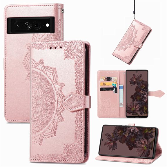SaniMore for Google Pixel 7 Pro 6.7" 2022 Wallet Case with Embossed Mandala PU Leather Flip Protection Wrist Strap Credit Card Holder Pocket Kickstand Shockproof Case For Google Pixel 7 Pro, Rosegold