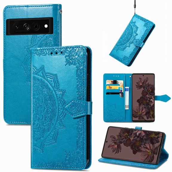 SaniMore for Google Pixel 7 Pro 6.7" 2022 Wallet Case with Embossed Mandala PU Leather Flip Protection Wrist Strap Credit Card Holder Pocket Kickstand Shockproof Case For Google Pixel 7 Pro, Blue
