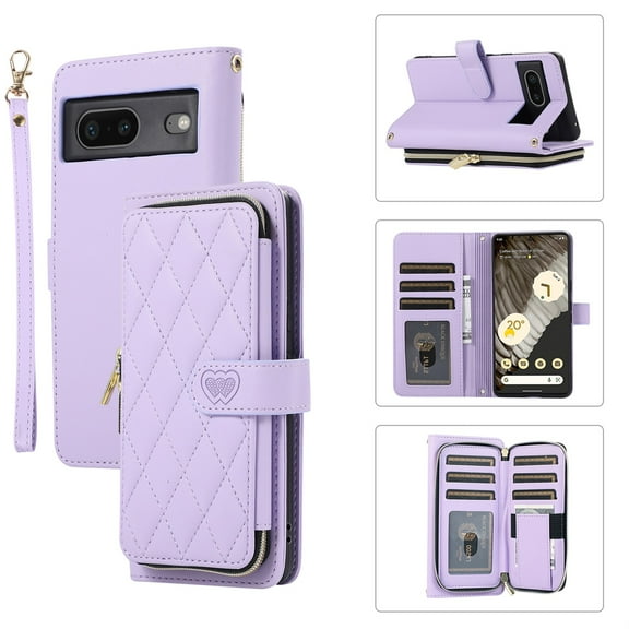 SaniMore for Google Pixel 7 Pro Buisness Case, Zipper Purse [Card Holders] Magnetic Clasp Flip Kickstand Wrist/Crossbody Lanyard PU Leather Wear-resistant Full Body Protective Wallet Shell, Purple