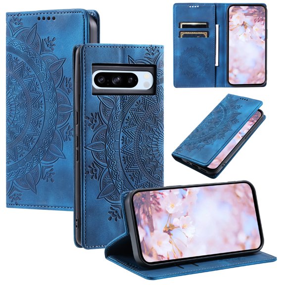 SaniMore for Google Pixel 7 Pro Case, PU Leather Embosed Mandala Flower Wallet Protective Phone Cover Card Slots Pocket Purse Women Men Kickstand Vintage Shockproof Anti-fall Shell, Blue