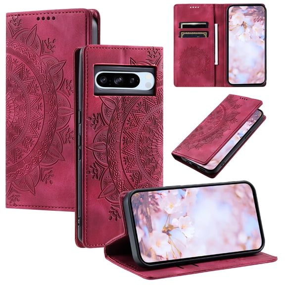 SaniMore for Google Pixel 7 Pro Case, PU Leather Embosed Mandala Flower Wallet Protective Phone Cover Card Slots Pocket Purse Women Men Kickstand Vintage Shockproof Anti-fall Shell, Red