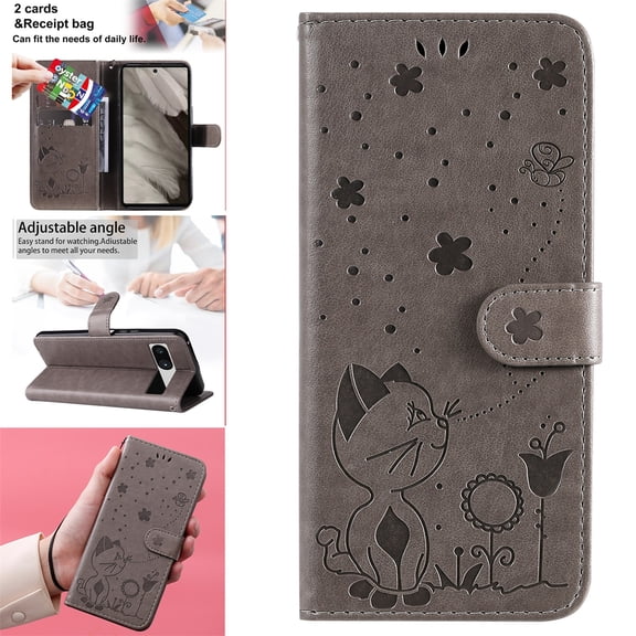 SaniMore for Google Pixel 7A 6.1" 2023 Case, PU Leather Skin with Embossed Cat Flip Magnetic Cover Card Slots Kickstand Detachable Lanyard Full Around Protective Wallet Shell, Gray