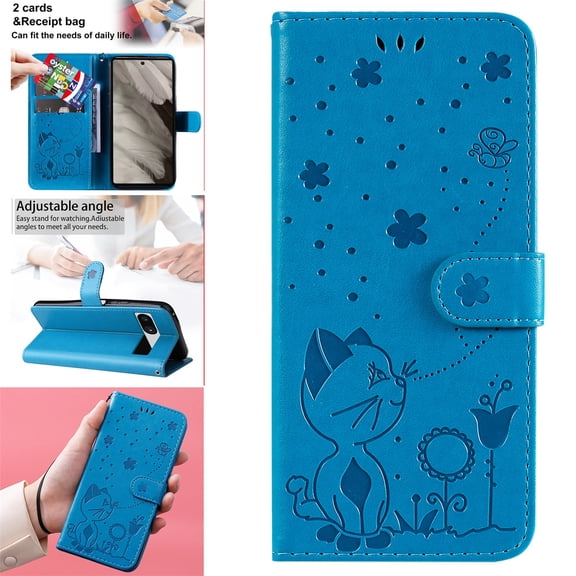 SaniMore for Google Pixel 7A 6.1" 2023 Case, PU Leather Skin with Embossed Cat Flip Magnetic Cover Card Slots Kickstand Detachable Lanyard Full Around Protective Wallet Shell, Blue