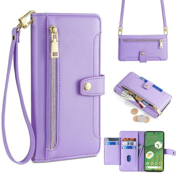 SaniMore for Google Pixel 7A Case, with Kickstand [Shoulder & Wrist Strap] Flip Zipper Wallet Cash & Card Slots PU Leather TPU Interior Full Body Protection for Google Pixel 7A, Purple